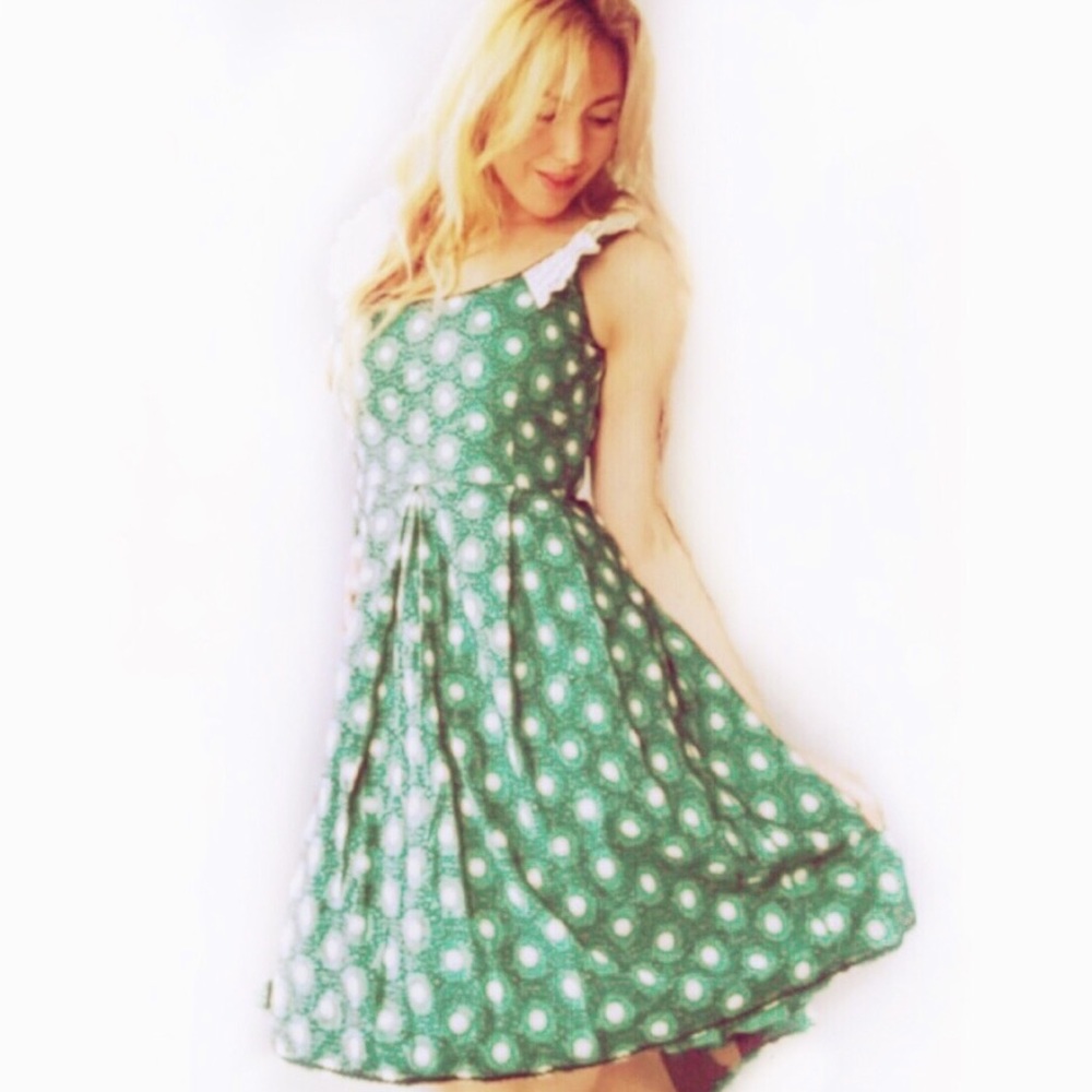 JUICY COUTURE Lace Embroidered Floral Green Blue Ruffle A-line Dress Lin…